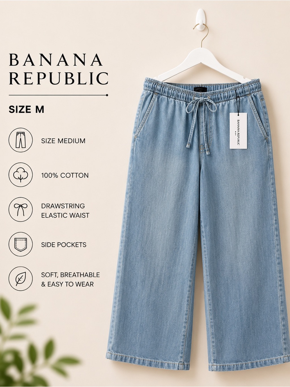 Banana Republic Light Blue Wide-Leg Drawstring Jeans Sz M NWT